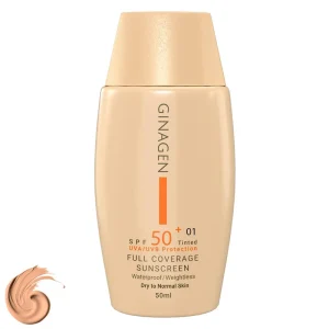 کرم ضدآفتاب رنگی ژیناژن مدل 01 مناسب پوست خشک و نرمال، SPF 50، ضد آب، فاقد پارابن، محافظت در برابر UVA و UVB، ضد لک، حاوی ویتامین E، ماندگاری 4 ساعت، حجم 50 میلی‌لیتر